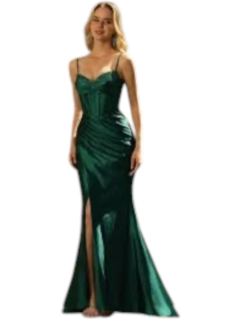 Emerald Green Corset Mermaid Prom Dress Beaded Slit Sparkly Formal Gown Zapaka